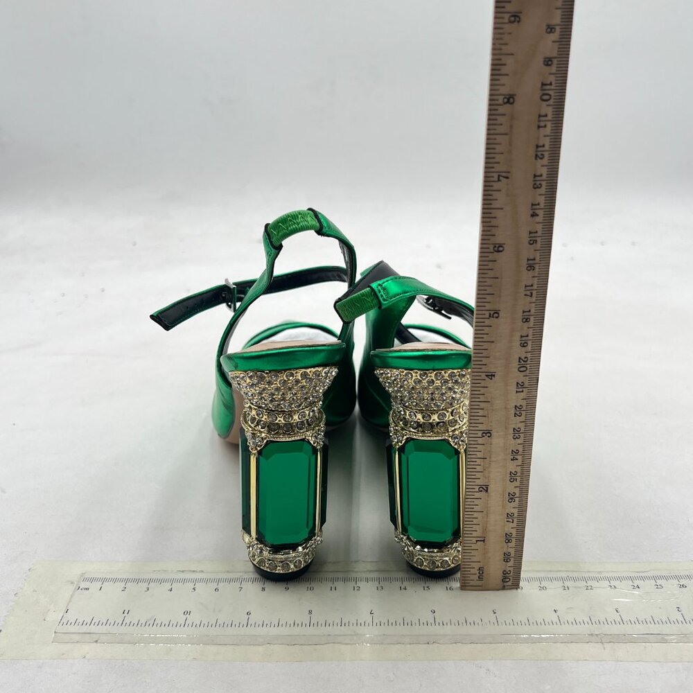 FSJ Green Slingback Crystal High Heel Pointed Toe Ankle Strap Dress Pumps - Picture 5 of 8